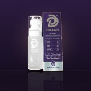 DRAAN Advanced Hair Growth Serum 3.0 bottle and box on an aubergine set with gold light